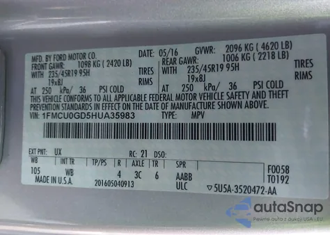 2017 Ford Escape Se из США, поврежденный, VIN 1FMCU0GD5HUA35983